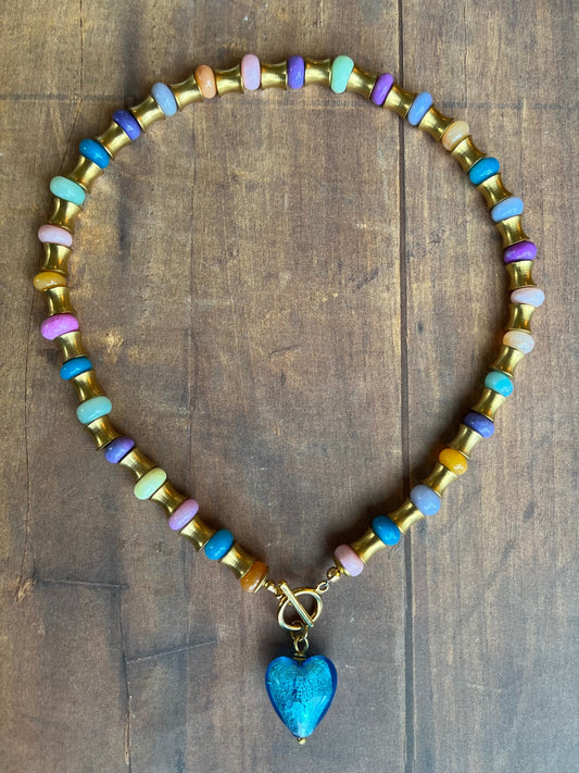 Colorful opal candy necklace with foil heart pendant