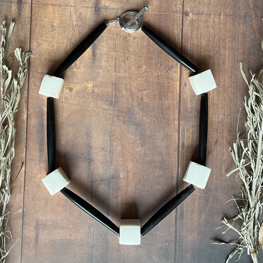 Black and white block necklace in bone and horn