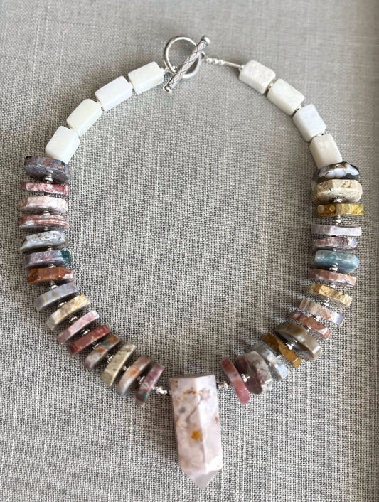 Cherry blossom agate, sterling and jasper necklace
