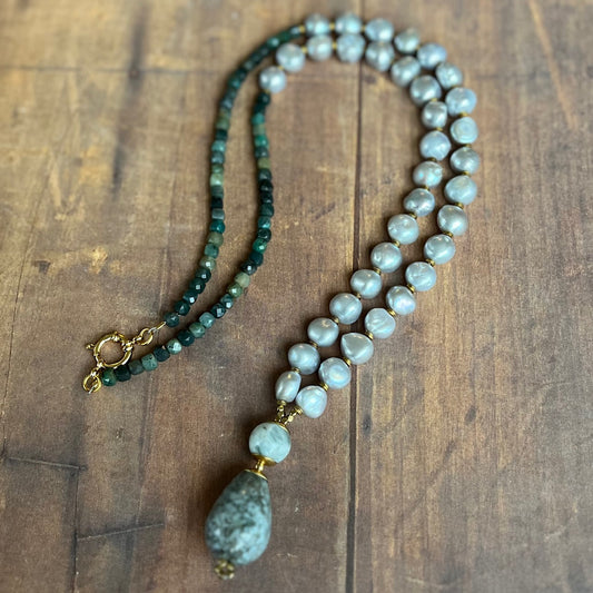ocean jasper and freshwater pearl necklace long